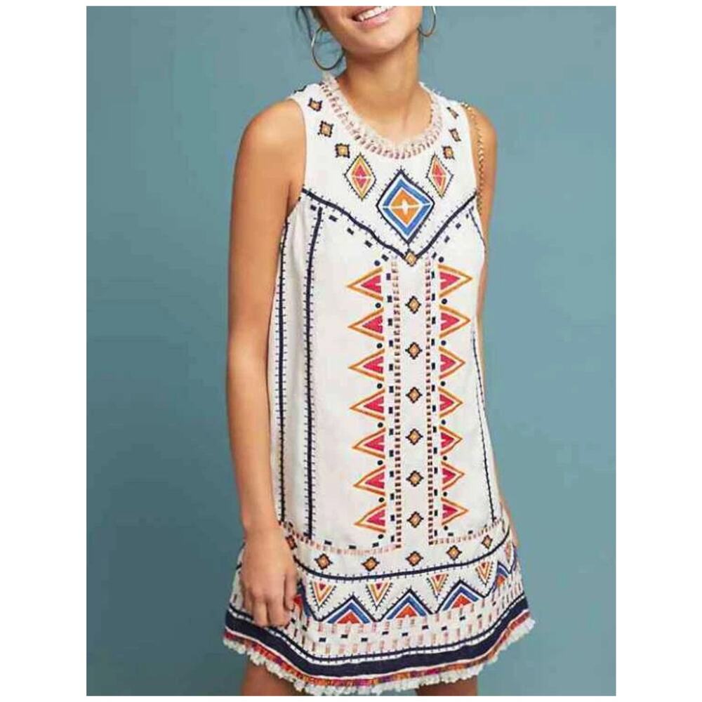 Embroidered Tribal Design Sleeveless Dress - Multicolor